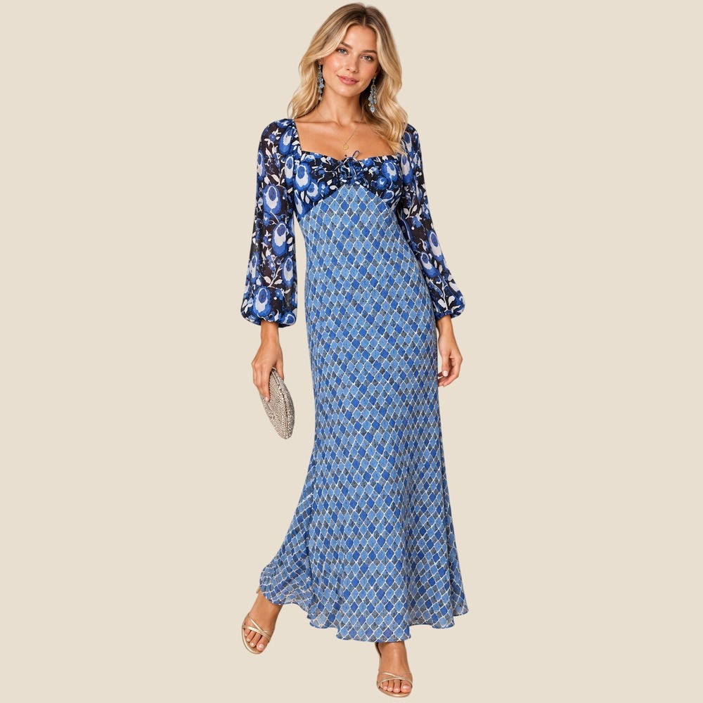 Rixo Jeanie Blue Mixed Print Maxi Dress US 12 Sheer Chiffon Bias Cut Low Back